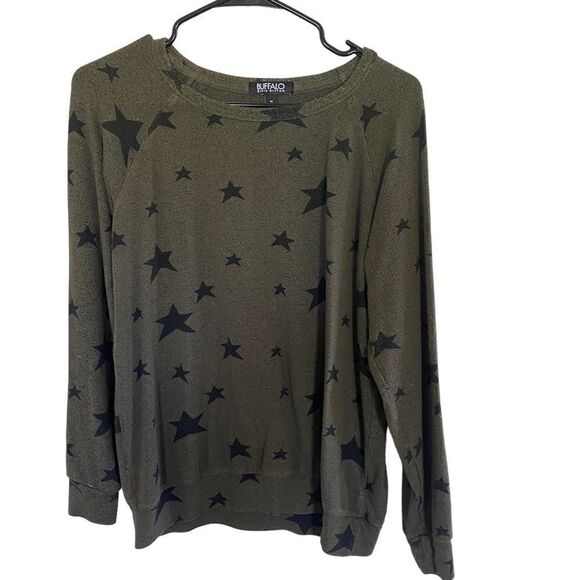 Buffalo David Bitton Green stars long sleeve crew green black pill look medium - Picture 1 of 7